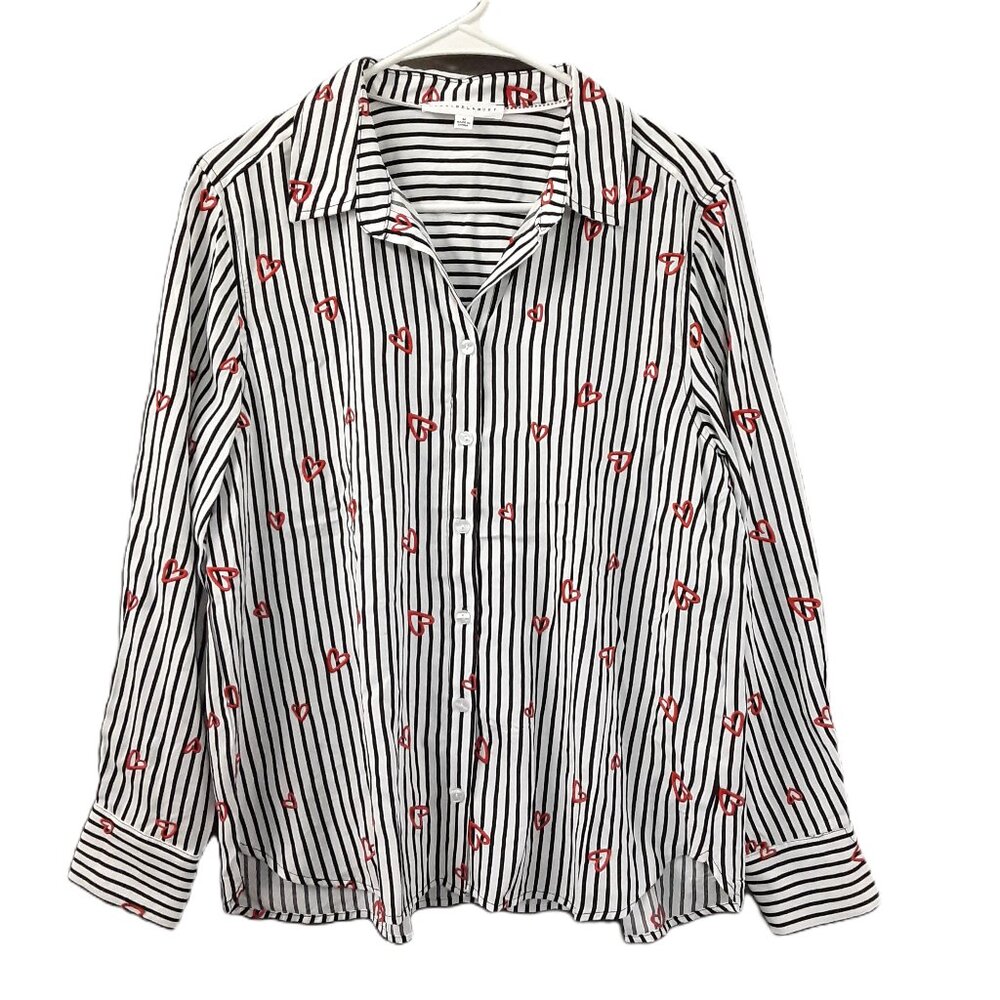 Jane Delancey Collared Top Size MED Long Sleeve Hearts Love 100% Rayon Button Up
